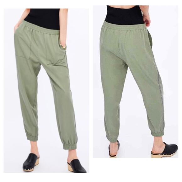 Zara Olive Army Green Lyocell Slouchy Bling Rhinestone Stripe Joggers Pants M - Picture 1 of 16